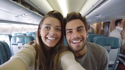 Young handsome couple taking a selfie on the airplane during flight around the world.generative ai