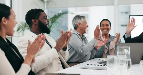 Team, business people clapping and high five on laptop for achievement, goal or success victory. Applause, excited group and happy in celebration of target, congratulations or bonus promotion winner