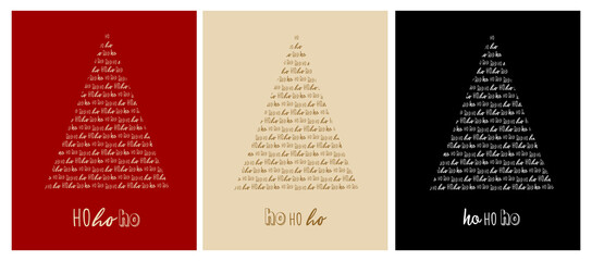 Christmas Vector Cards. White and Gold Christmas Tree Isolated on a Red, Beige and Black Background. Cute Christmas Illustration in 3 Different Colors. Tree Made of 