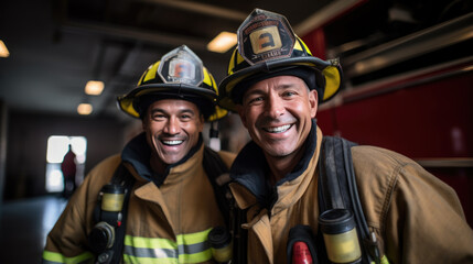 Firefighters portrait on duty. Photo of firemans team near fire engine