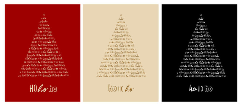 Christmas Vector Cards. White and Gold Christmas Tree Isolated on a Red, Beige and Black Background. Cute Christmas Illustration in 3 Different Colors. Tree Made of "Ho Ho Ho" text. RGB Colors.