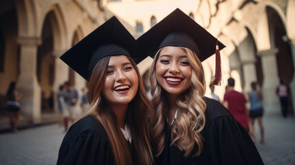 Happy smiling graduating girlfriends in an academic gowns standing in front of college