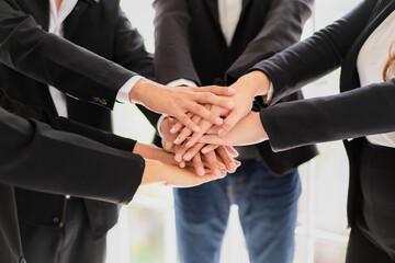 group people hands were collaboration to trust in business success concept of teamwork partnership in company - 645737954
