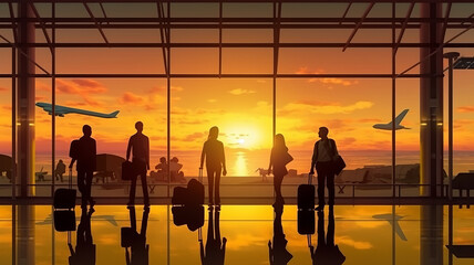 people and traveling luggage walking in airport terminal building with sun set sky at urban scene and air plane flying background generative ai