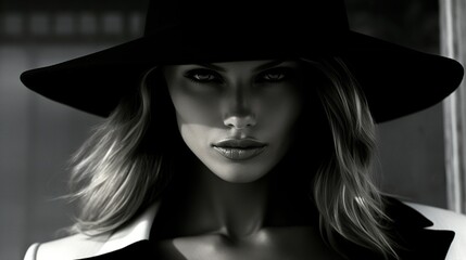 stylish beautiful female portrait, lady in hat posing, in style of vintage and retro, black and white shot, generative AI