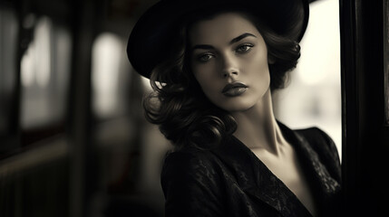 stylish beautiful female portrait, lady in hat posing, in style of vintage and retro, black and...