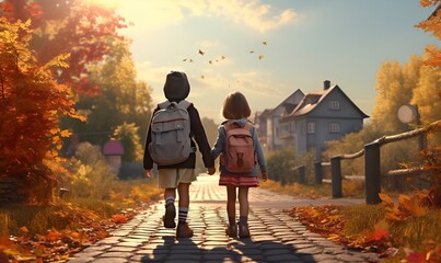 children coming home from school on a road with orange autumn leaves, ai generative - obrazy, fototapety, plakaty