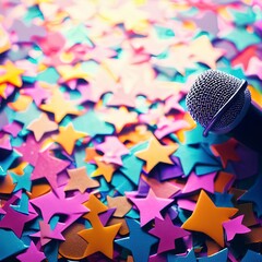 Fototapeta na wymiar Paty background of colorful star shaped confetti with microphone