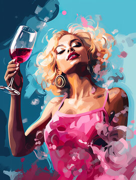 stylish illustration of beautiful female with wine glass in hand, in style of retro and vintage, generative AI
