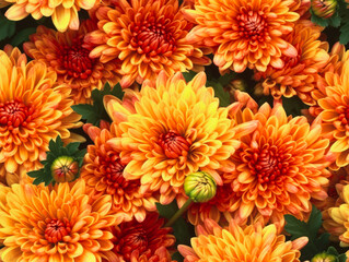 Orange chrysanthemum flowers background, natural seamless pattern. Generative AI