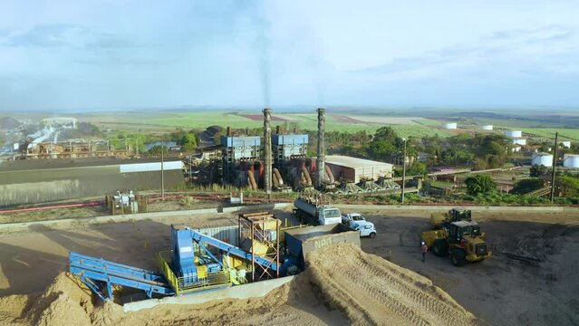 Sugarcane plant producing renewable energy. Ethanol. Drone View.