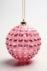 Photo of a pink Christmas Bauble hanging from a gold string against a white background created with Generative AI technology