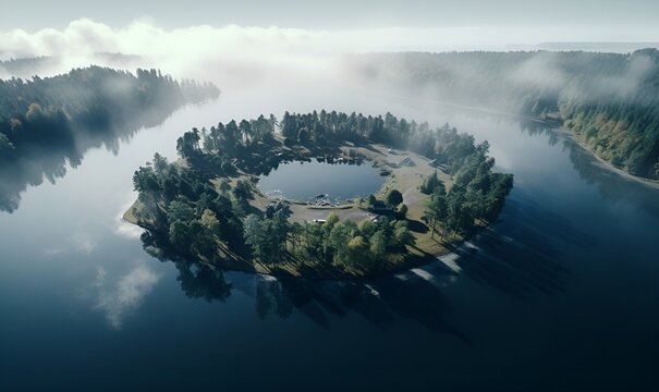 lake in the middle of an island in the middle of the sea, ai generative