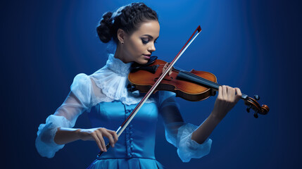 Fototapeta premium Young woman playing violin on blue background