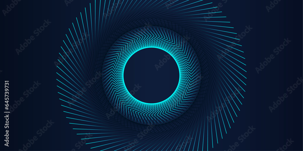 Poster abstract dark blue background with glowing circle geometric lines in blue green light rounded lines 