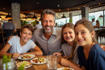 Happy family at a restaurant having lunch. Father and three children eating.