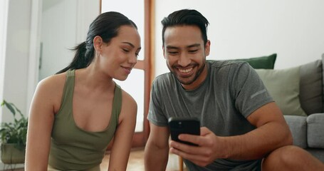 Couple, phone and happy on floor, talk and high five for win, deal or profit with investing, trading or fintech. Man, woman and celebration with smartphone, excited smile or goal in home living room