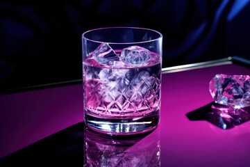 Glass of gin tonic with ice cubes on the table, purple background