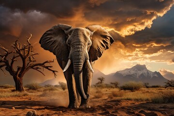 Fototapeta na wymiar One adult African Elephant in the plains at sunset