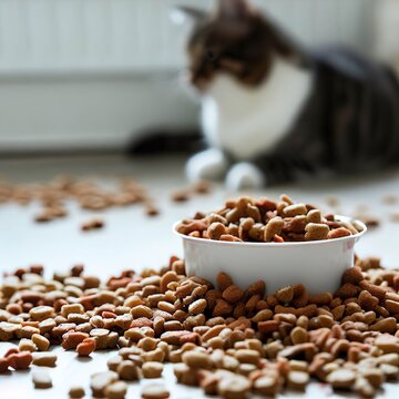 Dry pet food is in a white porcelain bowl and scattered across the floor with a cat sitting in the background