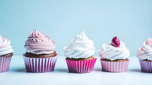Delicious cupcakes with cream on table on light background.