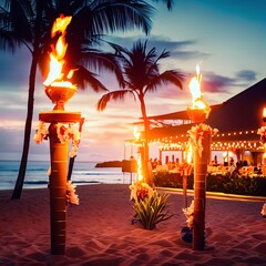 Hawaii luau beach party at sunset. Hawaiian tiki torches lighted up with fire at luxury resort hotel restaurant - obrazy, fototapety, plakaty