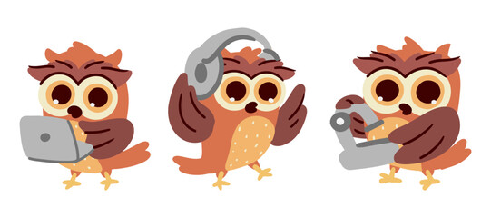 Owl . Set of cute cartoon characters . Hand drawn style . Technology concept . Vector .