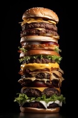 Tower of delicious burgers and cheeseburgers with lettuce, tomato, onion and sesame seed bun on black background