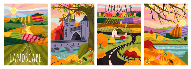 Autumn scenery poster set. Colorful banners with fall leaves and orange foliage, rustic house and fields with harvest. Village and farm concept. Cartoon flat vector isolated on white background