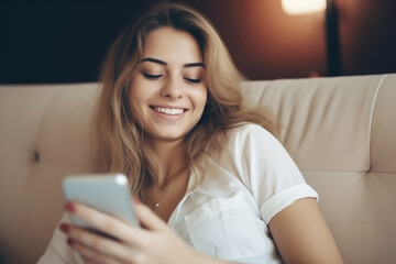 Obraz na płótnie Canvas Beautiful smiling woman texting on the phone.