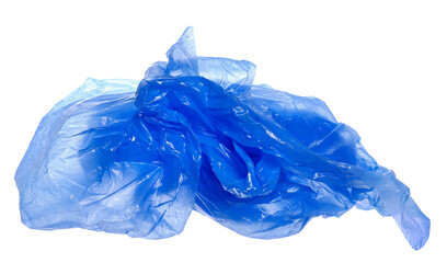 Blue crumpled plastic shopping, grocery bag in flying isolated on white, clipping path 