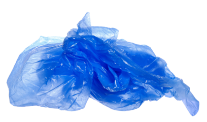 Blue crumpled plastic shopping, grocery bag in flying isolated on white, clipping path 