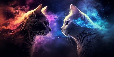 Cats Amidst Ethereal Rainbow: Dreamlike Art Wallpaper with Cosmic Dark Sky and Surreal Atmosphere