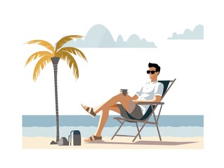 Man sitting on chair on beach background. Vacation. Summer. Illustration. Generative AI