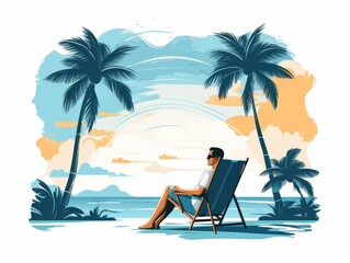 Obraz premium Man sitting on chair on beach background. Vacation. Summer. Illustration. Generative AI