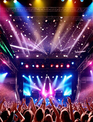 Crowd at a concert with hands up. Scene stage lights, rock festival.
