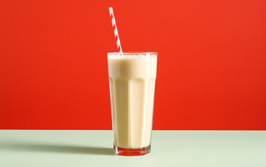 Glass of milk shake with straw on solid red background