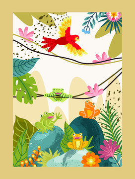 Jungle animals poster. Tropical scenery with flowering plants and wildlife reserve. Flyer with cute frog and colorful lapping parrot. Cartoon flat vector illustration isolated on light background