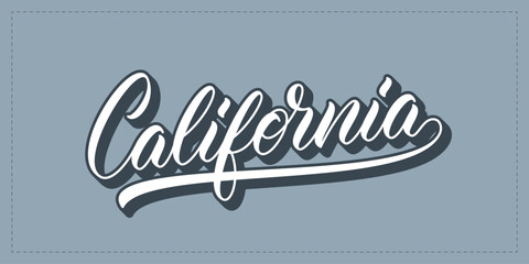 California hand lettering design for t-shirt, hoodie, baseball cap, jacket. Retro text "California" slogan for use in clothing design.