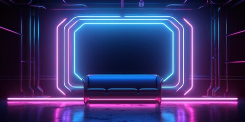 Simple cyber technology frame made of neon lines in a dark basement with a sofa. AI generation 