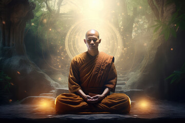 The monk is practicing meditation, nature background, chakra glowing light