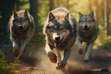 Selbstklebende Fototapeten wolf pack running in the woods hunting for prey © Kien