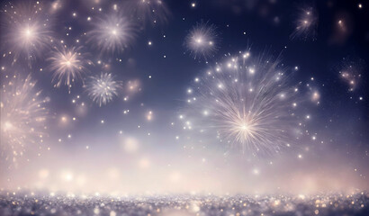 Fototapeta na wymiar Blurred christmas background with fireworks, festive bokeh. New year greeting card, postcard with copyspace. 