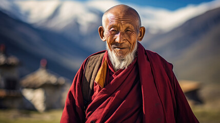 Elderly Tibetan monk, full body deep wrinkles, wisdom in eyes, traditional maroon robes