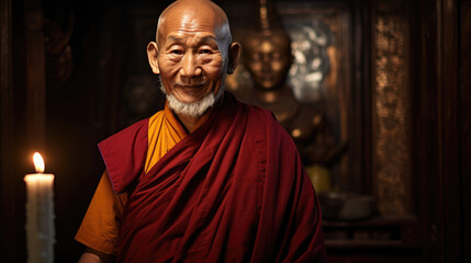 Elderly Tibetan monk, full body deep wrinkles, wisdom in eyes, traditional maroon robes
