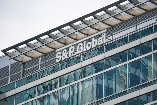 London, United Kingdom - May 18, 2023: Standard and Poor's Global logo on their offices in Canary Wharf. It is American business and financial company