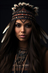 Naklejka na ściany i meble Native American woman with a beautiful face, long black hair with feather headdress on her head