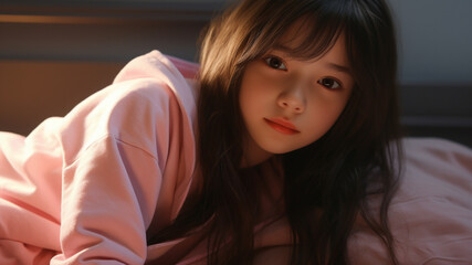 Cute 9-year-old girl, long hair, no double edged, pink summer pajamas, brown skin, Korean idol vibe 
