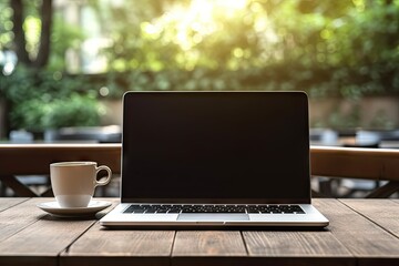Laptop on wooden table and coffee in mug. Digital office. Computer and creativity. Modern workspaces. Technology and design converge. Code and comfort contemporary workspace