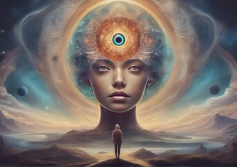 Visionary Dreamer with Third Eye Open, Exploring Otherworldly Realms, AI Generated. - obrazy, fototapety, plakaty